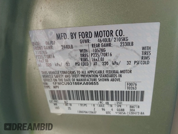 2008 Ford Escape XLT with VIN 1FMCU93188KA89855, listed as a IAAI auction lot 42581640 with 172,576 mi miles and . Bid and sale history available at DreamBid. Image 9.