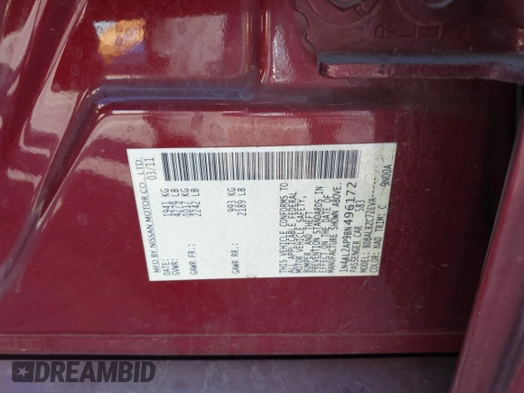 2011 Nissan Altima 2.5 S with VIN 1N4AL2AP9BN496172, listed as a IAAI auction lot 41313320 with 1 mi miles. Bid and sale history available at carsss.com. Image 9.