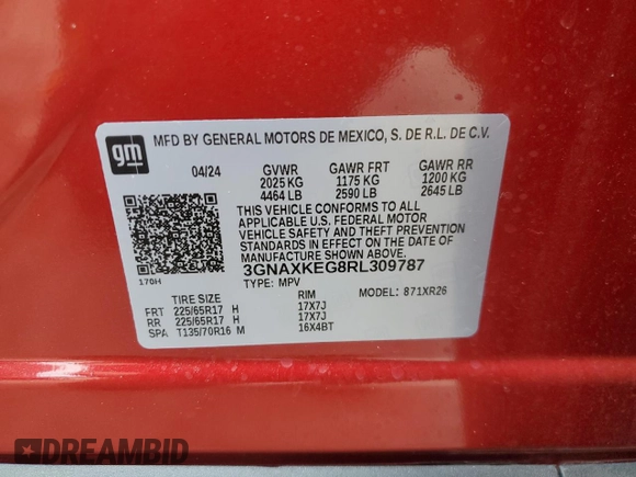 2024 Chevrolet Equinox LT with VIN 3GNAXKEG8RL309787, listed as a Copart auction lot 53551435 with 2,125 mi miles and Salvage title. Bid and sale history available at DreamBid. Image 13.