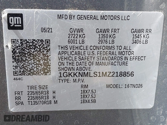 2021 GMC Acadia SLT with VIN 1GKKNMLS1MZ218856, listed as a IAAI auction lot 41797665 with 59,958 mi miles. Bid and sale history available at carsss.com. Image 9.