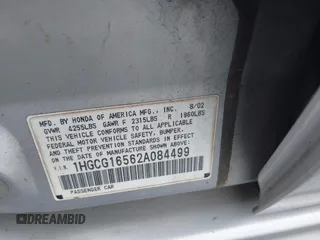 2002 Honda Accord EX z VIN 1HGCG16562A084499, wystawiony jako IAAI lot #42446830 z przebiegiem 241 615 mil mil oraz . Historia ofert i sprzedaży dostępna na DreamBid. Obrazek 9.