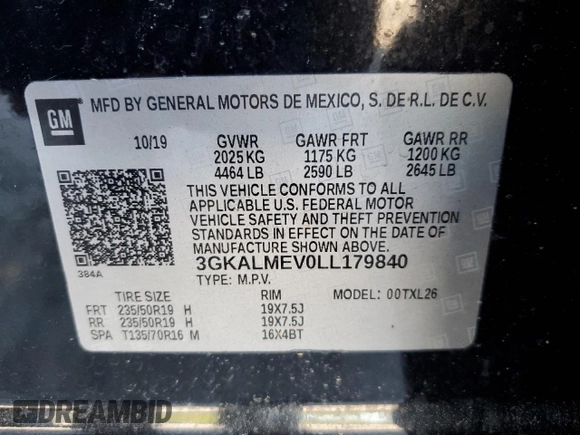 2020 GMC Terrain SLE z VIN 3GKALMEV0LL179840, wystawiony jako Copart lot #52201975 z przebiegiem 122 850 mil mil oraz Szkoda całkowita • Salvage title. Historia ofert i sprzedaży dostępna na DreamBid. Obrazek 13.
