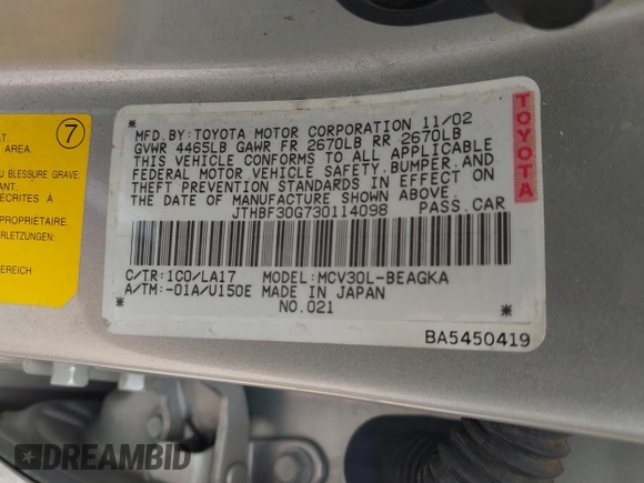 2003 Lexus ES 300 with VIN JTHBF30G730114098, listed as a IAAI auction lot 41793862 with 162,984 mi miles and . Bid and sale history available at DreamBid. Image 9.
