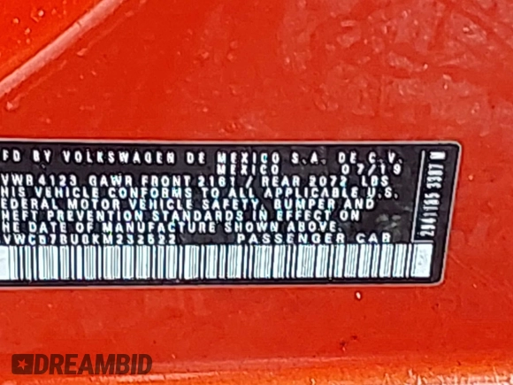 2019 Volkswagen Jetta S z VIN 3VWCB7BU8KM232522, wystawiony jako IAAI lot #42256559 z przebiegiem 118 141 mil mil oraz . Historia ofert i sprzedaży dostępna na DreamBid. Obrazek 9.