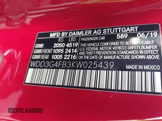 2019 Mercedes-Benz A 220 with VIN WDD3G4FB3KW025439, listed as a IAAI auction lot 41911671 with 59,187 mi miles and . Bid and sale history available at DreamBid. Image 9.