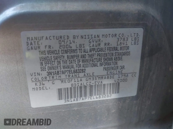2014 Nissan Sentra S with VIN 3N1AB7AP7EL683282, listed as a IAAI auction lot 42035110 with 90,400 mi miles and . Bid and sale history available at DreamBid. Image 9.