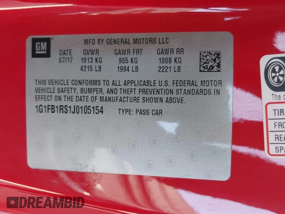 2018 Chevrolet Camaro 1LT with VIN 1G1FB1RS1J0105154, listed as a IAAI auction lot 42034120 with 77,844 mi miles and . Bid and sale history available at DreamBid. Image 9.