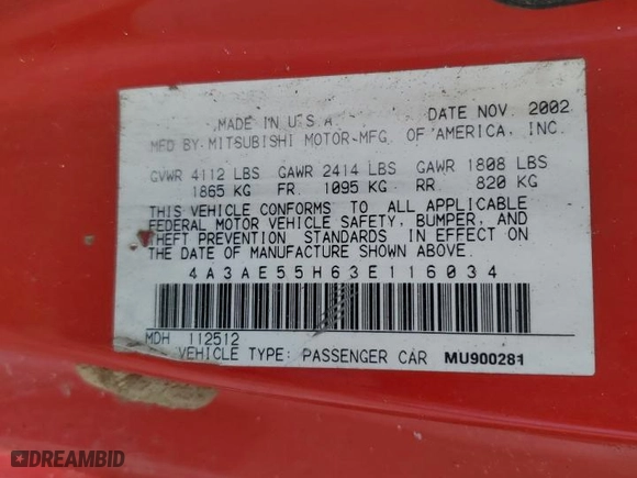 2003 Mitsubishi Eclipse GT with VIN 4A3AE55H63E116034, listed as a Copart auction lot 65481934 with 0 mi miles and Salvage Title. Bid and sale history available at carsss.com. Image 12.