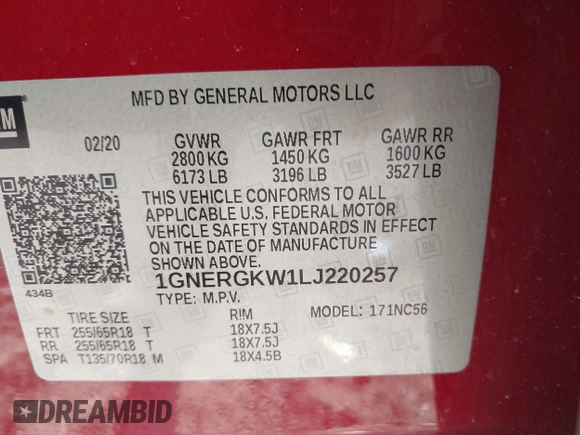 2020 Chevrolet Traverse LT Cloth with VIN 1GNERGKW1LJ220257, listed as a IAAI auction lot 42290561 with 95,801 mi miles and . Bid and sale history available at DreamBid. Image 9.
