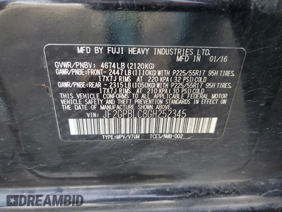 2016 Subaru Crosstrek Touring with VIN JF2GPBLC8GH252345, listed as a Copart auction lot 45604865 with 158,591 mi miles and Salvage title. Bid and sale history available at DreamBid. Image 13.