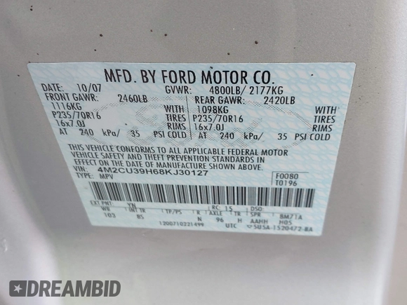 2008 Mercury Mariner с VIN 4M2CU39H68KJ30127, выставлен на аукционе IAAI как лот 42233071 с пробегом 126 904 миль миль и . История ставок и продаж доступна на DreamBid. Изображение 9.