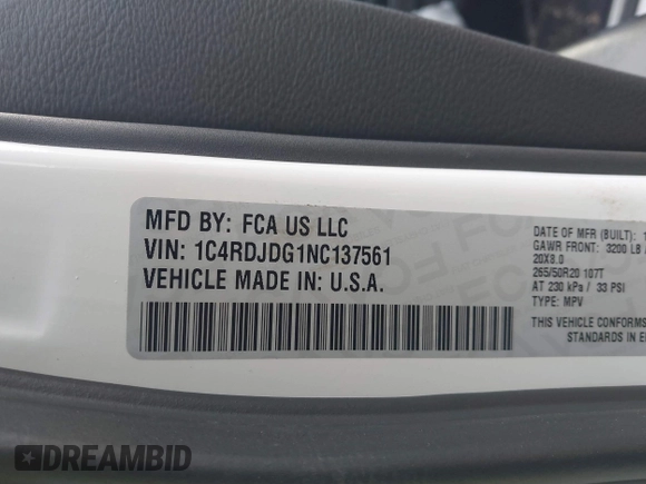 2022 Dodge Durango GT with VIN 1C4RDJDG1NC137561, listed as a IAAI auction lot 41168918 with 59,676 mi miles and . Bid and sale history available at DreamBid. Image 9.