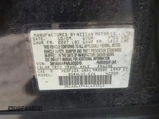2010 Nissan Sentra SR with VIN 3N1AB6AP4AL633315, listed as a IAAI auction lot 41670611 with 188,542 mi miles and . Bid and sale history available at DreamBid. Image 9.