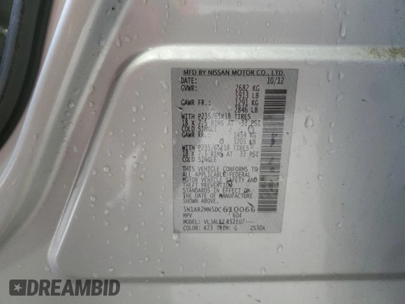 2013 Nissan Pathfinder S с VIN 5N1AR2MN5DC610066, выставлен на аукционе Copart как лот 63891105 с пробегом 145 228 миль миль и Списание • Salvage title. История ставок и продаж доступна на DreamBid. Изображение 13.