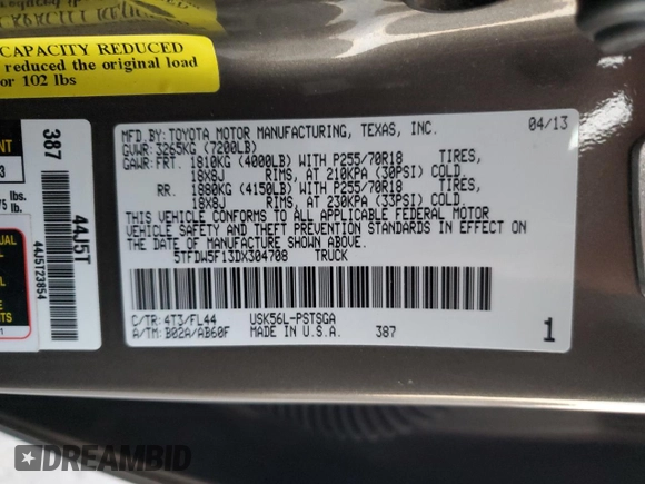 2013 Toyota Tundra 4WD Truck with VIN 5TFDW5F13DX304708, listed as a Copart auction lot 46296675 with 191,540 mi miles and Salvage Title. Bid and sale history available at carsss.com. Image 12.