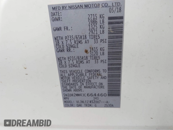 2018 Nissan Pathfinder SV with VIN 5N1DR2MM4JC664460, listed as a IAAI auction lot 42336424 with 116,203 mi miles and . Bid and sale history available at DreamBid. Image 9.