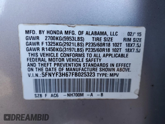 2015 Honda Pilot EX-L with VIN 5FNYF3H67FB025323, listed as a Copart auction lot 78084604 with 187,819 mi miles and Salvage Title. Bid and sale history available at carsss.com. Image 13.
