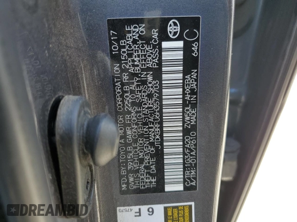 2017 Toyota Prius Two with VIN JTDKBRFU6H3579703, listed as a Copart auction lot 59566345 with 238,380 mi miles and Salvage title. Bid and sale history available at DreamBid. Image 12.