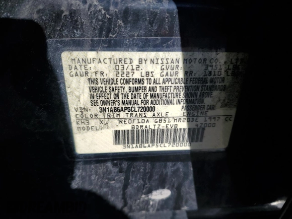 2012 Nissan Sentra SR with VIN 3N1AB6AP5CL720000, listed as a Copart auction lot 48073845 with 233,442 mi miles and Salvage Title. Bid and sale history available at DreamBid. Image 12.