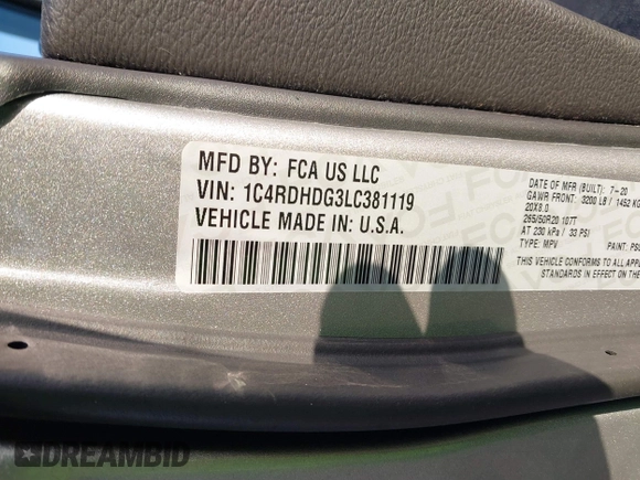 2020 Dodge Durango GT Plus with VIN 1C4RDHDG3LC381119, listed as a IAAI auction lot 41669716 with 55,207 mi miles and . Bid and sale history available at carsss.com. Image 9.