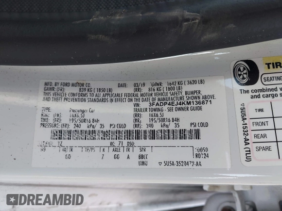2019 Ford Fiesta SE with VIN 3FADP4EJ4KM136871, listed as a IAAI auction lot 42075343 with 89,185 mi miles and . Bid and sale history available at DreamBid. Image 9.