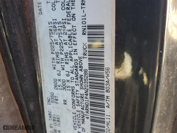 1992 Toyota 4WD Pickups DLX with VIN 4TARN01P4NZ035286, listed as a Copart auction lot 86193894 with 291839 miles and Salvage Title. Bid and sale history available at carsss.com. Image 12.