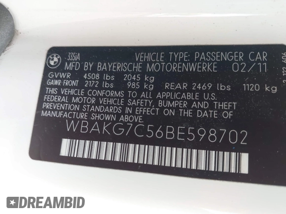 2011 BMW 3 Series 335i with VIN WBAKG7C56BE598702, listed as a IAAI auction lot 42159394 with Not provided miles and . Bid and sale history available at DreamBid. Image 9.