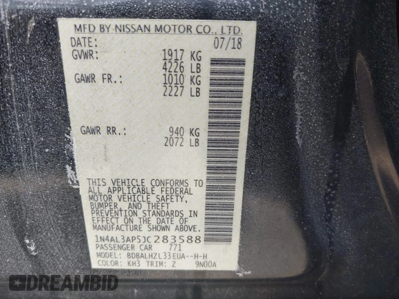 2018 Nissan Altima 2.5 SR with VIN 1N4AL3AP5JC283588, listed as a IAAI auction lot 41397101 with 151,478 mi miles. Bid and sale history available at carsss.com. Image 9.