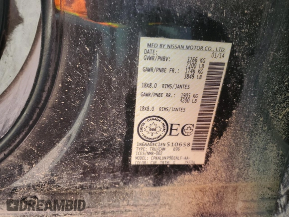 2014 Nissan Titan S with VIN 1N6AA0EC1EN510658, listed as a Copart auction lot 75210054 with Not Provided miles and Salvage Title. Bid and sale history available at DreamBid. Image 15.