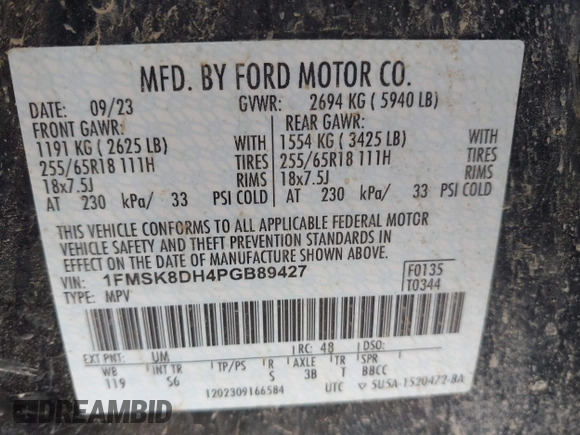 2023 Ford Explorer XLT z VIN 1FMSK8DH4PGB89427, wystawiony jako IAAI lot #42529109 z przebiegiem 18 139 mil mil oraz . Historia ofert i sprzedaży dostępna na DreamBid. Obrazek 9.
