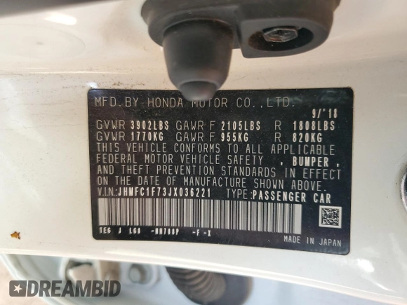 2018 Honda Civic EX-L z VIN JHMFC1F73JX036221, wystawiony jako Copart lot #55457815 z przebiegiem 81 368 mil mil oraz Szkoda całkowita • Salvage title. Historia ofert i sprzedaży dostępna na DreamBid. Obrazek 12.