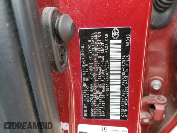 2019 Toyota Camry LE with VIN 4T1B11HKXKU779304, listed as a Copart auction lot 47935945 with 59,277 mi miles and Salvage Title. Bid and sale history available at carsss.com. Image 14.