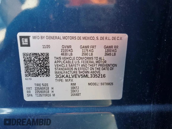 2021 GMC Terrain SLT with VIN 3GKALVEV5ML335216, listed as a Copart auction lot 59004515 with 78,776 mi miles and Salvage title. Bid and sale history available at DreamBid. Image 13.