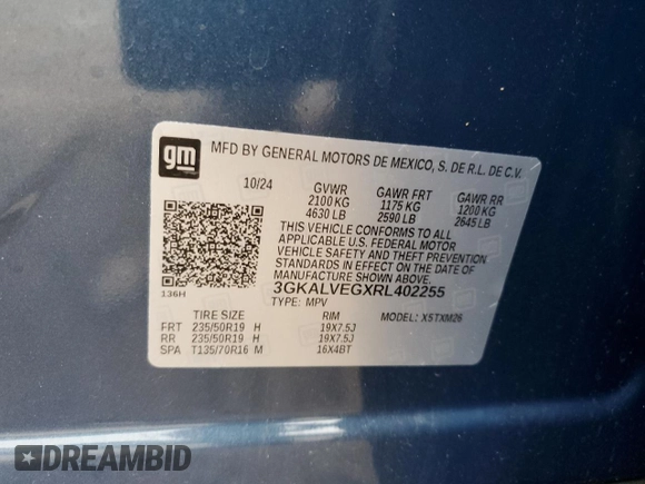 2024 GMC Terrain SLT with VIN 3GKALVEGXRL402255, listed as a Copart auction lot 58592915 with 8,998 mi miles and Salvage title. Bid and sale history available at DreamBid. Image 13.