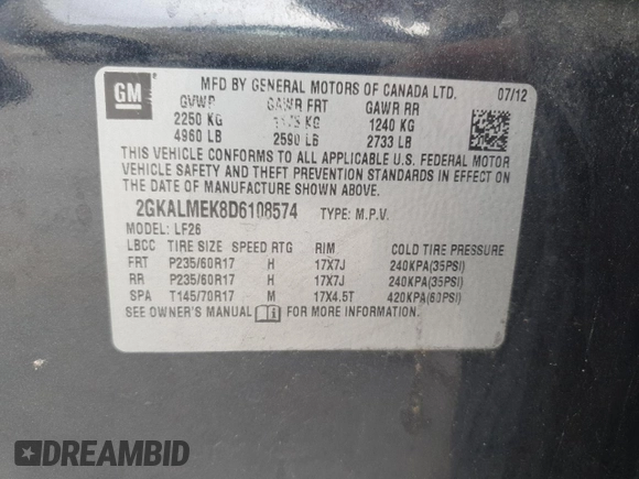 2013 GMC Terrain SLE with VIN 2GKALMEK8D6108574, listed as a Copart auction lot 51376525 with 185,088 mi miles and Salvage Title. Bid and sale history available at carsss.com. Image 15.