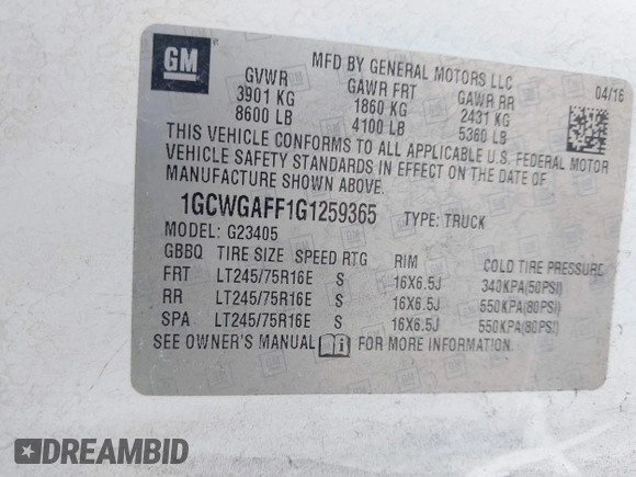 2016 Chevrolet Express Cargo Van with VIN 1GCWGAFF1G1259365, listed as a IAAI auction lot 42066824 with 279,250 mi miles. Bid and sale history available at carsss.com. Image 9.