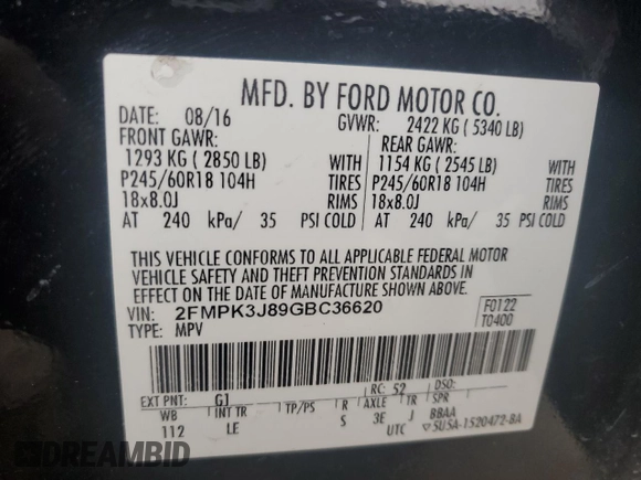 2016 Ford Edge SEL with VIN 2FMPK3J89GBC36620, listed as a Copart auction lot 45416425 with 115,695 mi miles and Salvage Title. Bid and sale history available at carsss.com. Image 14.