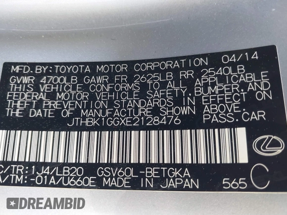 2014 Lexus ES 350 with VIN JTHBK1GGXE2128476, listed as a IAAI auction lot 41785156 with 99,555 mi miles. Bid and sale history available at carsss.com. Image 9.