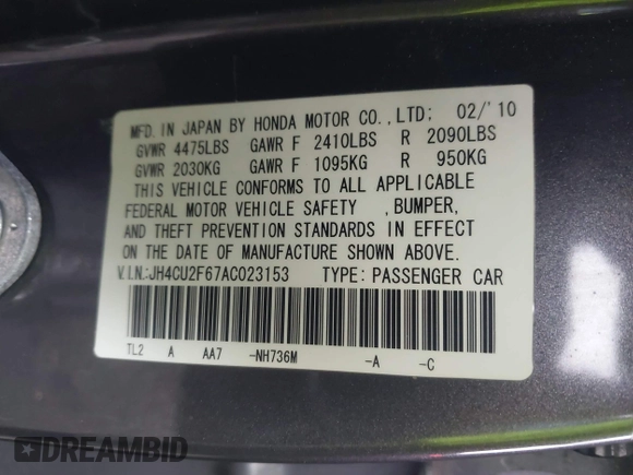 2010 Acura TSX with VIN JH4CU2F67AC023153, listed as a IAAI auction lot 42472029 with 188,834 mi miles and . Bid and sale history available at DreamBid. Image 9.