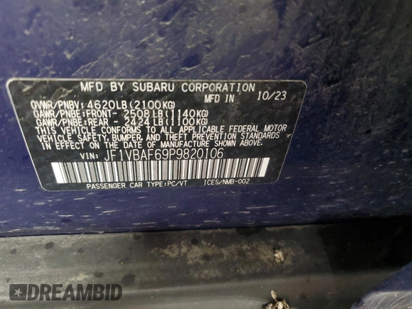 2023 Subaru WRX Premium with VIN JF1VBAF69P9820106, listed as a Copart auction lot 58818465 with 23,716 mi miles and Salvage title. Bid and sale history available at DreamBid. Image 12.