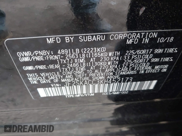 2019 Subaru Forester with VIN JF2SKACC3KH452173, listed as a IAAI auction lot 41349387 with 41,730 mi miles. Bid and sale history available at carsss.com. Image 9.