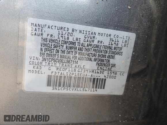 2020 Nissan Kicks SV with VIN 3N1CP5CVXLL567114, listed as a Copart auction lot 48294635 with 57,193 mi miles and Salvage Title. Bid and sale history available at DreamBid. Image 12.