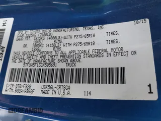 2016 Toyota Tundra 4WD Truck SR with VIN 5TFUW5F13GX505691, listed as a IAAI auction lot 41750013 with 1 mi miles. Bid and sale history available at carsss.com. Image 9.