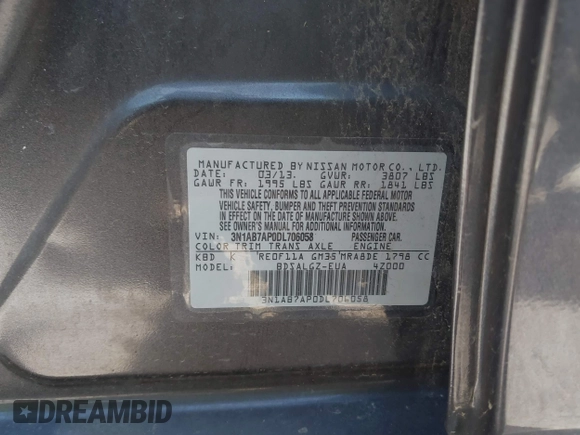 2013 Nissan Sentra SV with VIN 3N1AB7AP0DL706058, listed as a IAAI auction lot 41823244 with 149,209 mi miles. Bid and sale history available at carsss.com. Image 9.