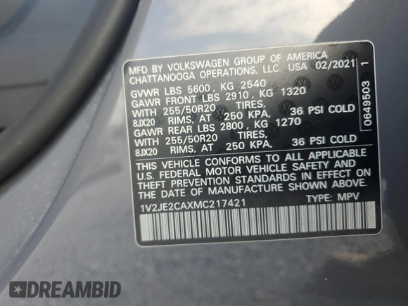 2021 Volkswagen Atlas SE с VIN 1V2JE2CAXMC217421, выставлен на аукционе Copart как лот 85498324 с пробегом 64 748 миль миль и На запчасти • Non repairable. История ставок и продаж доступна на DreamBid. Изображение 14.