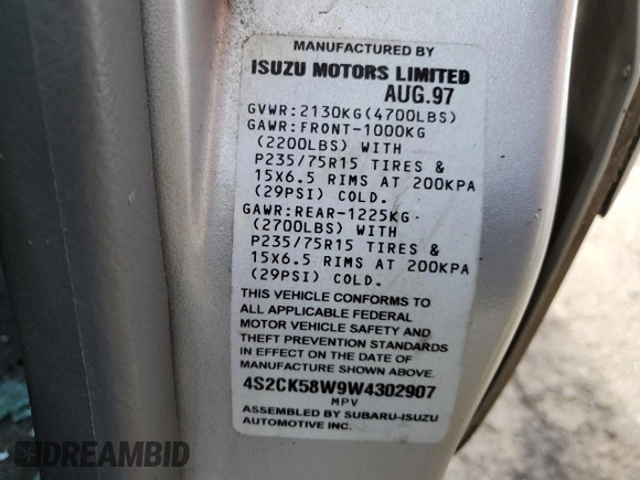 1998 Isuzu Rodeo S z VIN 4S2CK58W9W4302907, wystawiony jako Copart lot #48997335 z przebiegiem 162 858 mil mil oraz Szkoda całkowita • Salvage title. Historia ofert i sprzedaży dostępna na DreamBid. Obrazek 12.