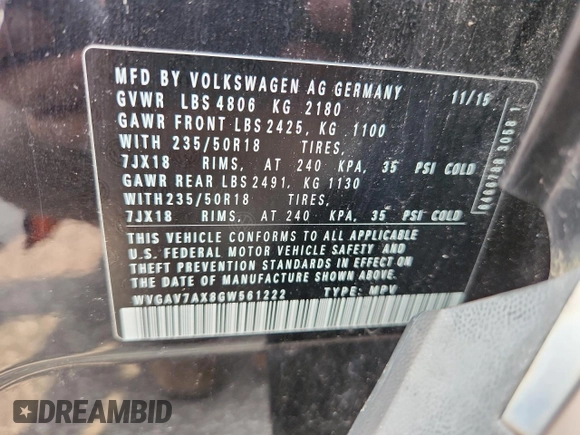 2016 Volkswagen Tiguan S z VIN WVGAV7AX8GW561222, wystawiony jako Copart lot #59292375 z przebiegiem 112 174 mil mil oraz Szkoda całkowita • Salvage title. Historia ofert i sprzedaży dostępna na DreamBid. Obrazek 12.