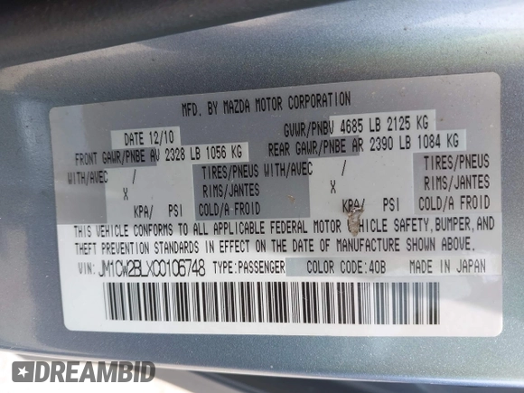 2012 Mazda 5 Sport with VIN JM1CW2BLXC0106748, listed as a IAAI auction lot 42435965 with 153,786 mi miles and . Bid and sale history available at DreamBid. Image 9.