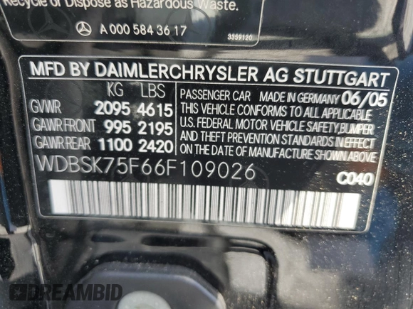 2006 Mercedes-Benz SL 500 z VIN WDBSK75F66F109026, wystawiony jako Copart lot #59808265 z przebiegiem Nie podano mil oraz Czysty tytuł • Clean title. Historia ofert i sprzedaży dostępna na DreamBid. Obrazek 13.