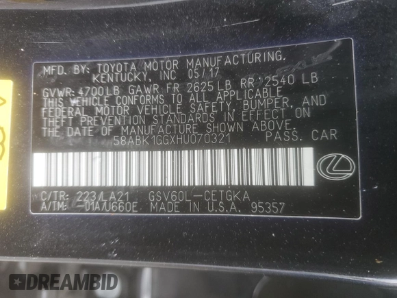 2017 Lexus ES 350 with VIN 58ABK1GGXHU070321, listed as a Copart auction lot 57444005 with 138,209 mi miles and Salvage title. Bid and sale history available at DreamBid. Image 13.
